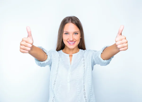 Mujer mostrando pulgares hacia arriba — Foto de Stock