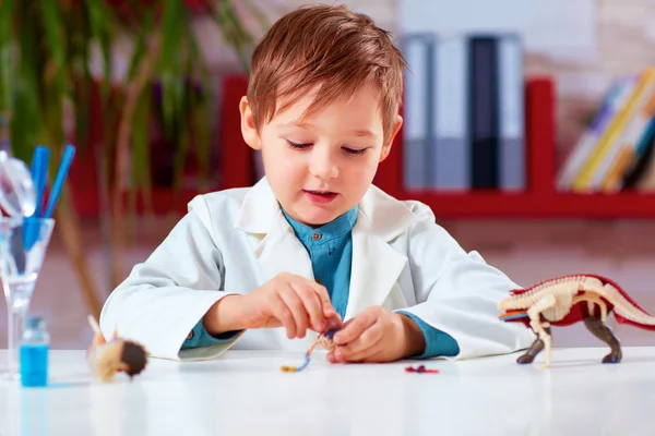 Schattige jongen, jongen ontdekken de inwendige organen en het lichaam van een dier — Stockfoto