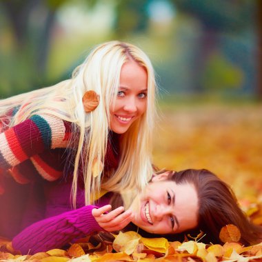 memnun kızlar, arkadaşlar eğlenmeye düşen yapraklar arasında sonbahar parkta