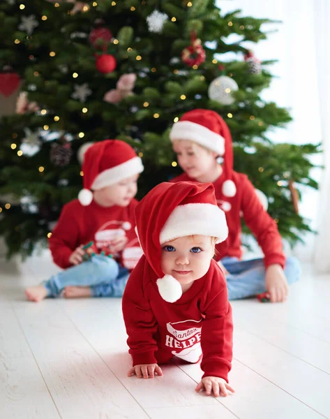 Adorable Little Santa Helper Crawling Floor Christmas Holidays — Stock Photo, Image