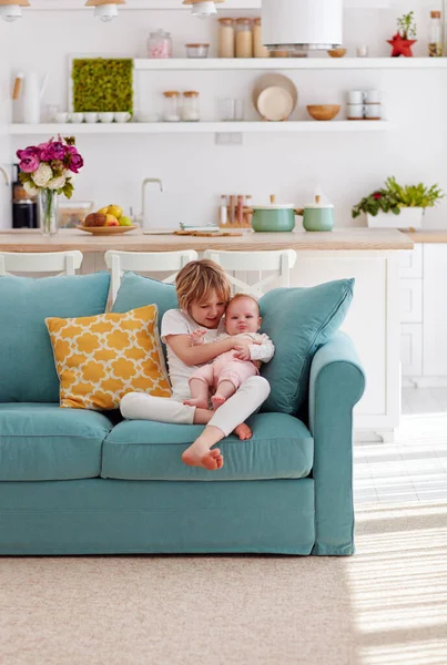 Cute Brother Soothing Sad Little Sister While Sitting Cozy Living — Stock Photo, Image