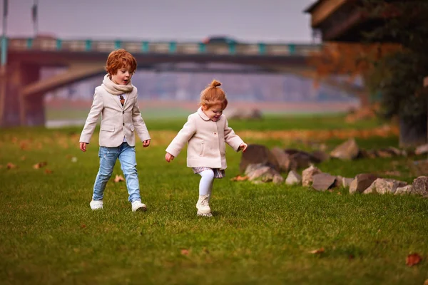 Frères Sœurs Mignons Les Enfants Amusent Sur Champ Automne — Photo