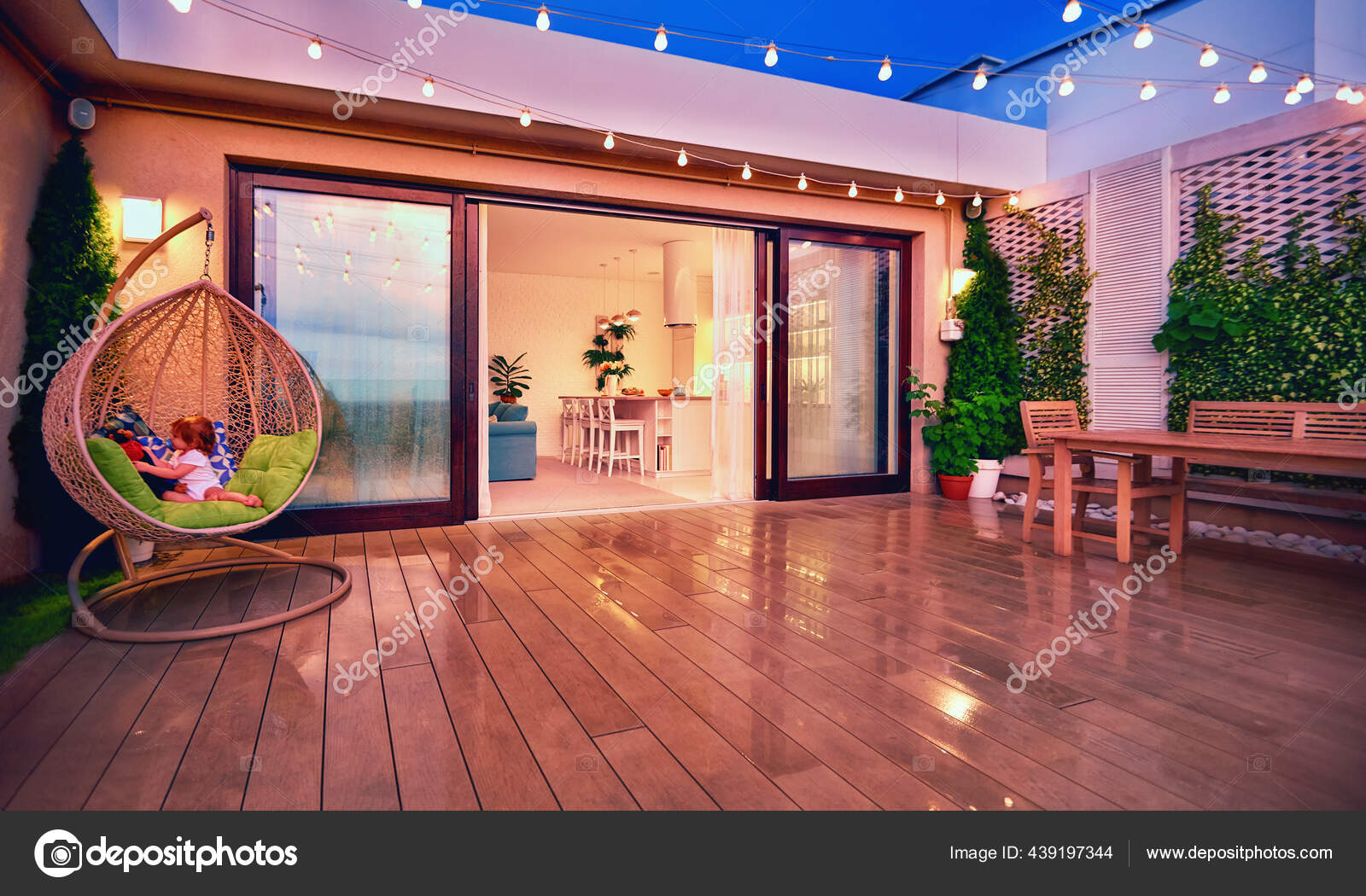Cozy Rooftop Patio Sliding Doors Evening Rain Stock Photo by