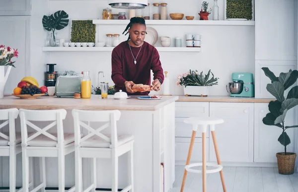 Young African American Man Busy Morning Routine Kitchen Home Preparing — Stock Photo, Image