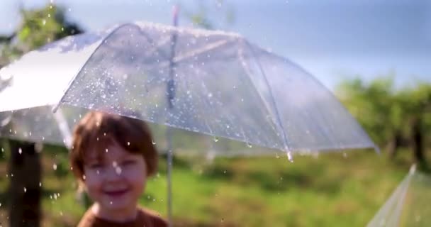 Main Joyeux Petit Garçon Attrapant Les Gouttes Pluie Qui Tombent — Video