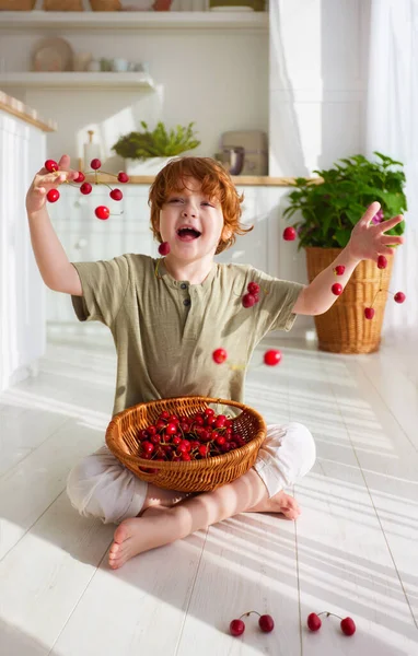 Laughing Kid Playing Cherries Throwing Berries Floor Kitchen — Stock Photo, Image