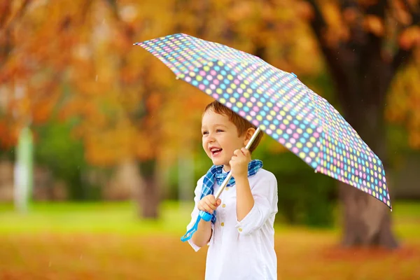 Retrato de menino feliz com guarda-chuva sob a chuva — Fotografia de Stock