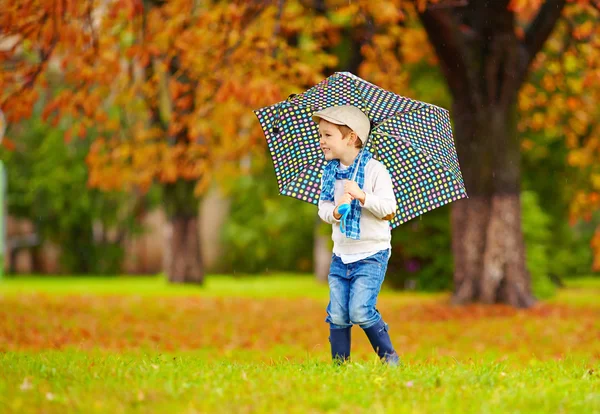 Lycklig pojke njuter en höstens regn i park — Stockfoto