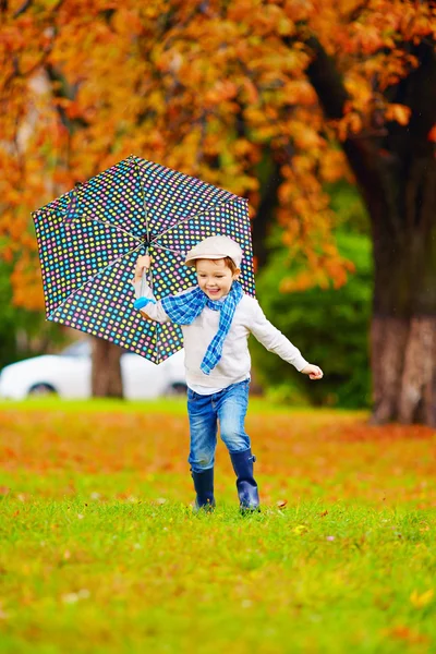 Glücklicher Junge genießt Herbstregen im Park — Stockfoto