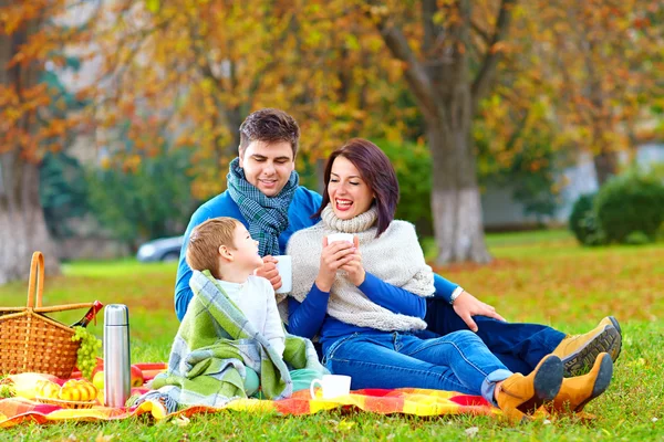Happy family drinking warm tea on autumn picnic — Stock Photo, Image