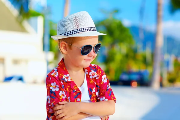 Cute fashionable boy kid on summer vacation — Stock Photo, Image