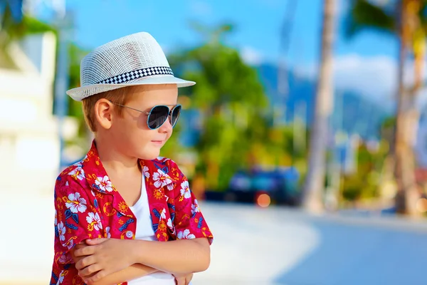 Cute fashionable boy kid on summer vacation — Stock Photo, Image