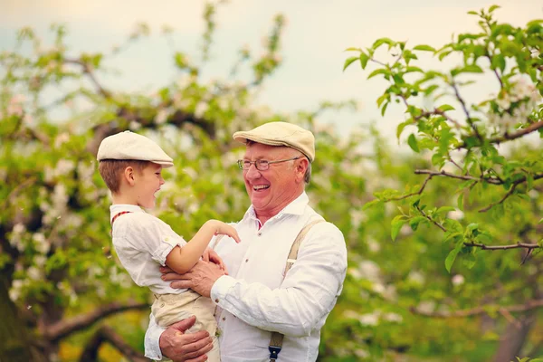 Farfar med barnbarn att ha roligt i vårträdgård — Stockfoto