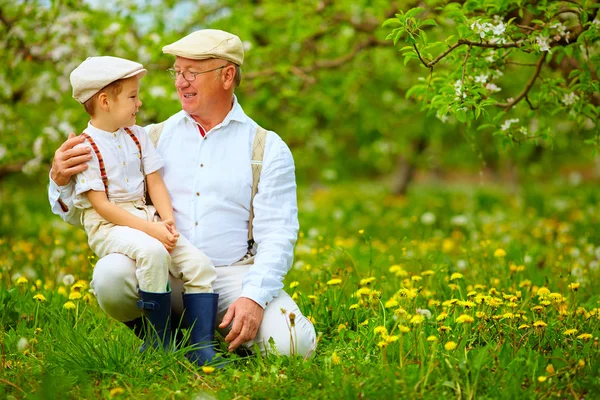 Avô feliz e neto no jardim de primavera — Fotografia de Stock