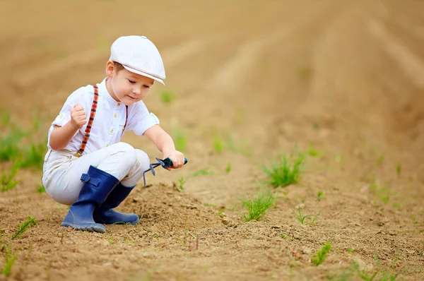 Schattige kleine boer werken met spud op lente veld — Stockfoto
