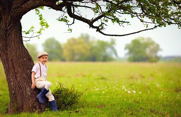 Lindo niño bajo el gran peral floreciente, campo —  Fotos de Stock