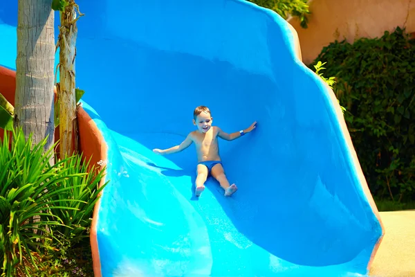 Happy kid boy sliding in tropical water park — Stock Photo, Image