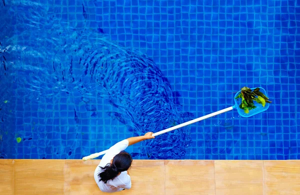 Mulher, pessoal limpando a piscina de folhas — Fotografia de Stock