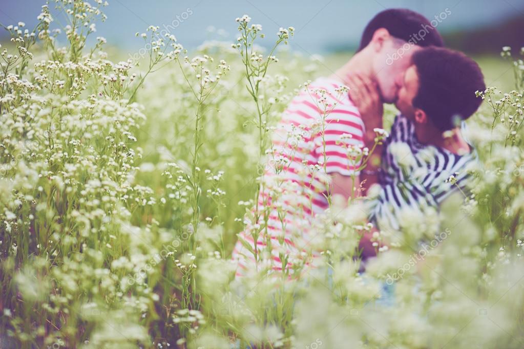 Kissing The Flower In Bloom Defocused male couple kissing in daisy flowers, on summer field — Stock