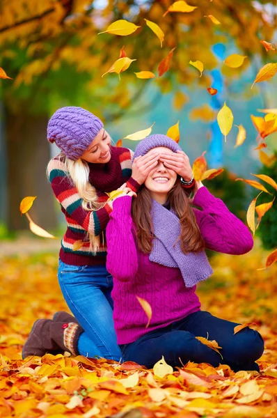 Glada vänner, flickor leker i pulserande höst park — Stockfoto