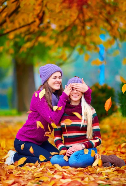 Amigos felizes, meninas brincando no vibrante parque de outono — Fotografia de Stock