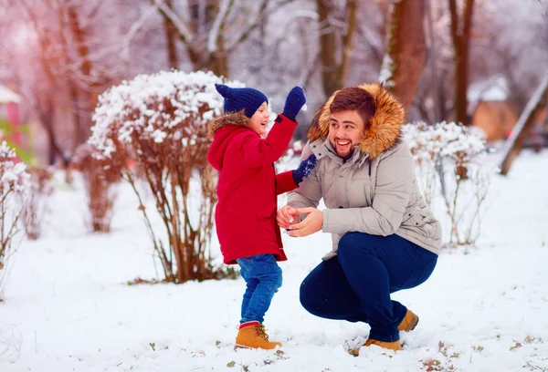 Padre e hijo activos jugando bolas de nieve en el parque de invierno — Foto de Stock