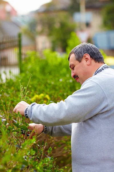 Smiling man with disability working in spring garden — Stock Photo, Image