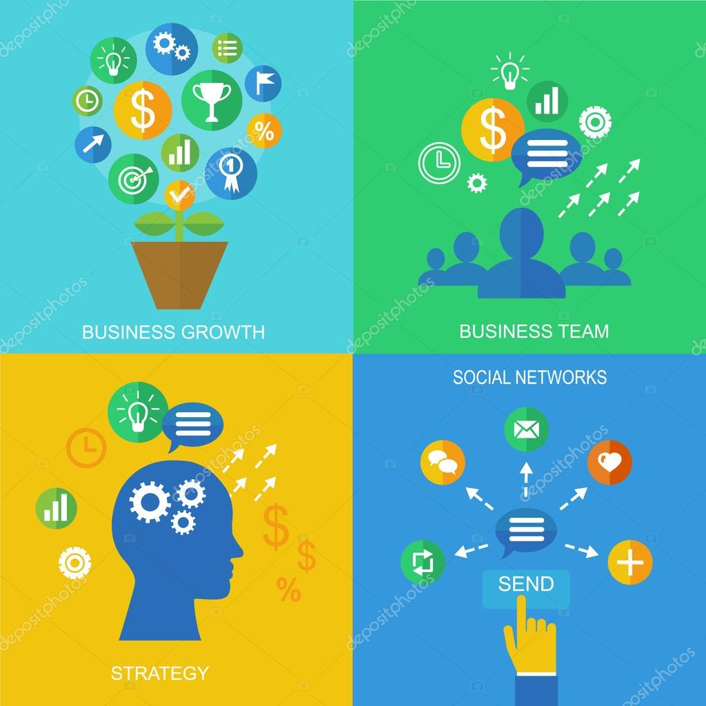 Flat design concept icons for social media and business success,business strategy,business team