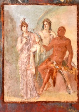 ancient roman fresco showing a seated Hercules accompanied by the goddesses Juno and Minerva. In the College of Augustans clipart