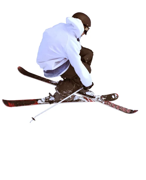 Salto de esqui no fundo branco — Fotografia de Stock