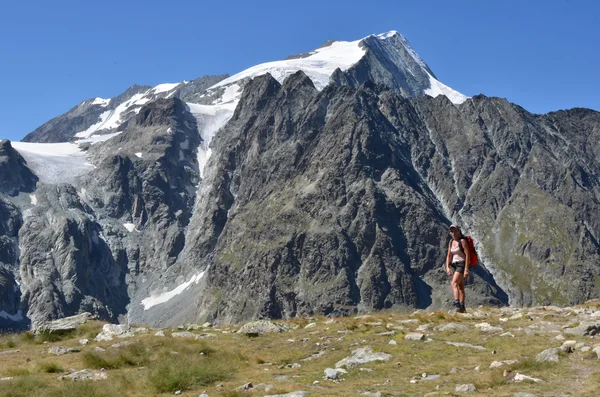 Flicka vandrare i bergen — Stockfoto