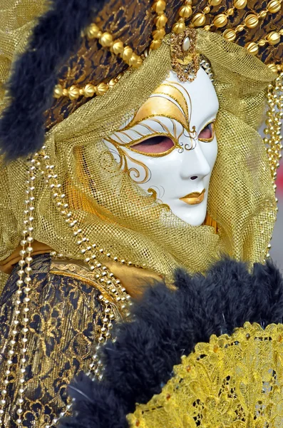 Fantasia de carnaval dourado mascarado — Fotografia de Stock