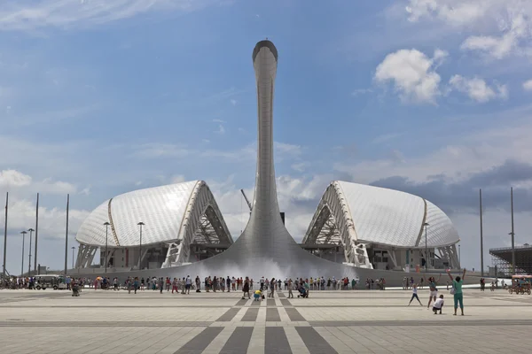 Olympische fakkel kom met de zingende fontein en het stadion "Fischt" in het Olympisch Park Sotsji Rechtenvrije Stockfoto's