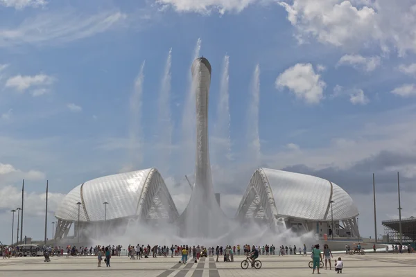 Zingen fonteinen en het stadion "Fischt" in het Olympisch Park Sotsji — Stockfoto