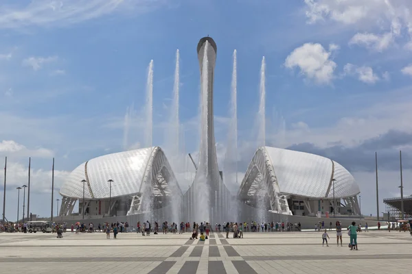 Weergave van de zingende fontein en het stadion "Fischt" in het Olympisch Park Sotsji — Stockfoto