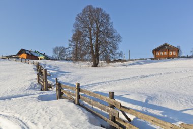 Karlı kırsal manzara. Köy Markovskaya, Verkhovazhsky District, Vologda Region, Rusya Federasyonu