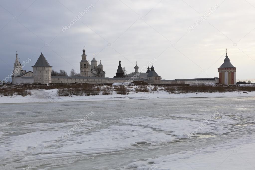 View of the Spaso-Prilutsky Monastery from the opposite banks of the river Vologda March morning, Russia