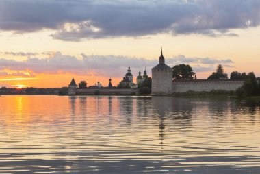 Beautiful sunset on the lake Siverskoe about Kirillo-Belozersky Monastery