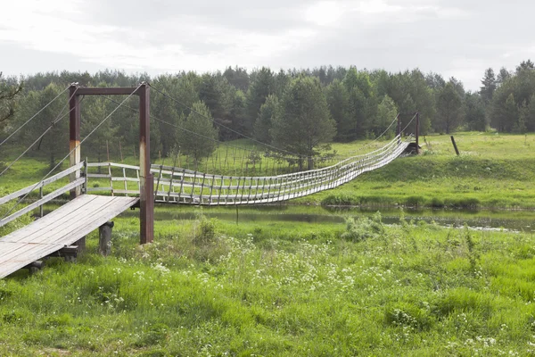 Blick auf die Hängebrücke über den Fluss vaga im Dorf lipki — Stockfoto