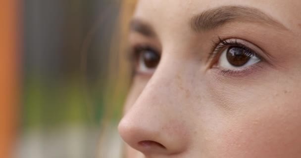 Närbild av kvinnliga bruna ögon med ljus dag makeup utomhus. Ung dam med klar hud poserar på kameran på frisk luft. — Stockvideo