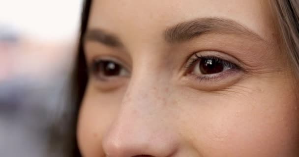 Sorrindo bonito jovem com olhos castanhos posando na câmera no ar fresco. Feche de uma parte da cara feminina. Reflexão do conceito de alma. — Vídeo de Stock