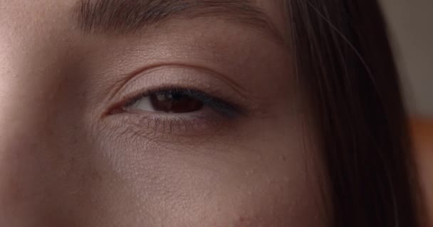 Bel oeil noisette de jeune femme sans maquillage. Gros plan d'une partie du visage féminin. Regard heureux frais. — Video