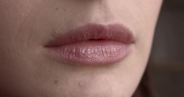 Feche os lábios femininos naturais perfeitos sem maquiagem. Bela boca feminina. Detalhe do rosto da mulher. — Vídeo de Stock
