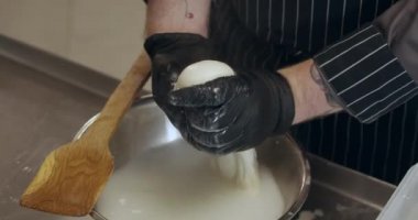 Peynir imalatçısı taze mozzarella yapıyor.