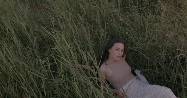 Schattige dame liggend op het veld met hoog gras rond — Stockvideo