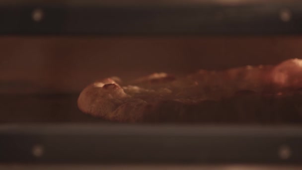 Smaczny ser pizza pieczenia wewnątrz piekarnika w kuchni restauracji — Wideo stockowe