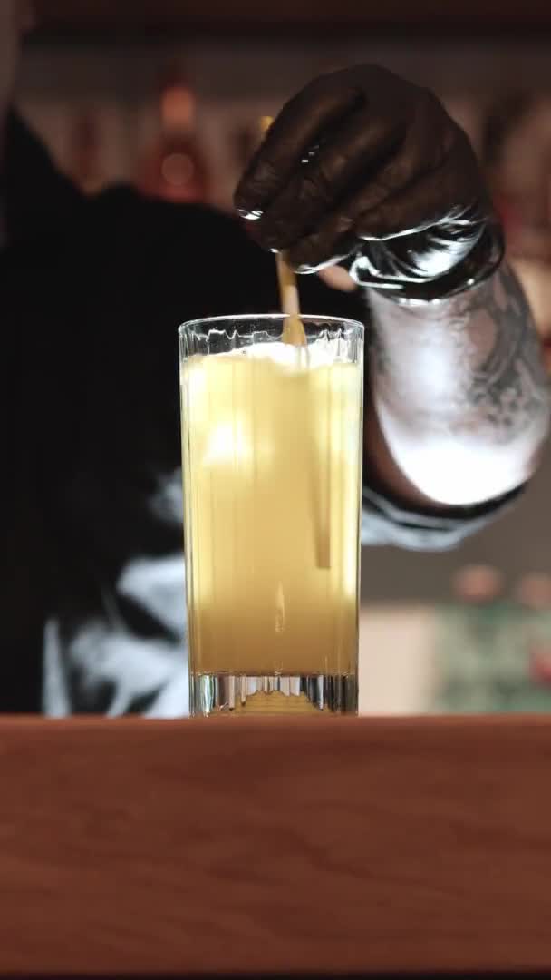 Barman mezcla cóctel alcohólico con paja en vidrio — Vídeos de Stock
