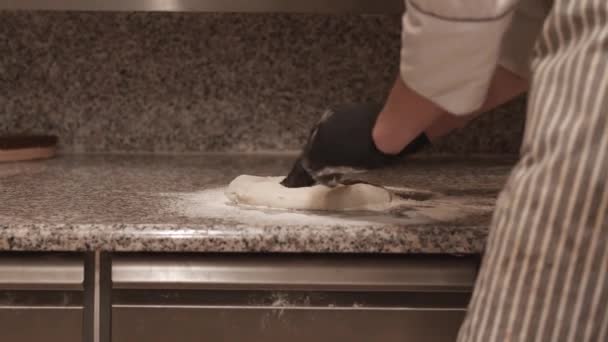 Zbliżenie szefa kuchni w fartuchu i rękawiczki przygotowujące bazę pizzy — Wideo stockowe