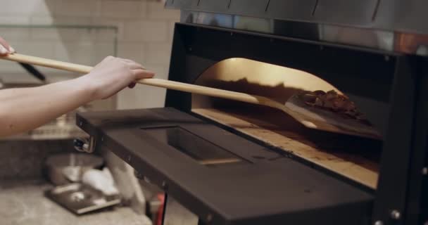 Zbliżenie w górę z mężczyzna ręce wprowadzenie rząd pizza baza wewnątrz piekarnik — Wideo stockowe