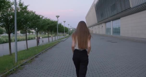Vista trasera de la mujer caucásica caminando sola en la calle — Vídeos de Stock